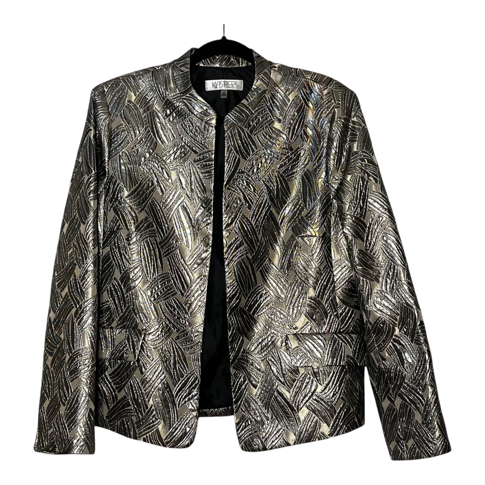 Kasper NWT Women Champagne Multi Metallic Jacquard Open Front Jacket Size 14 New